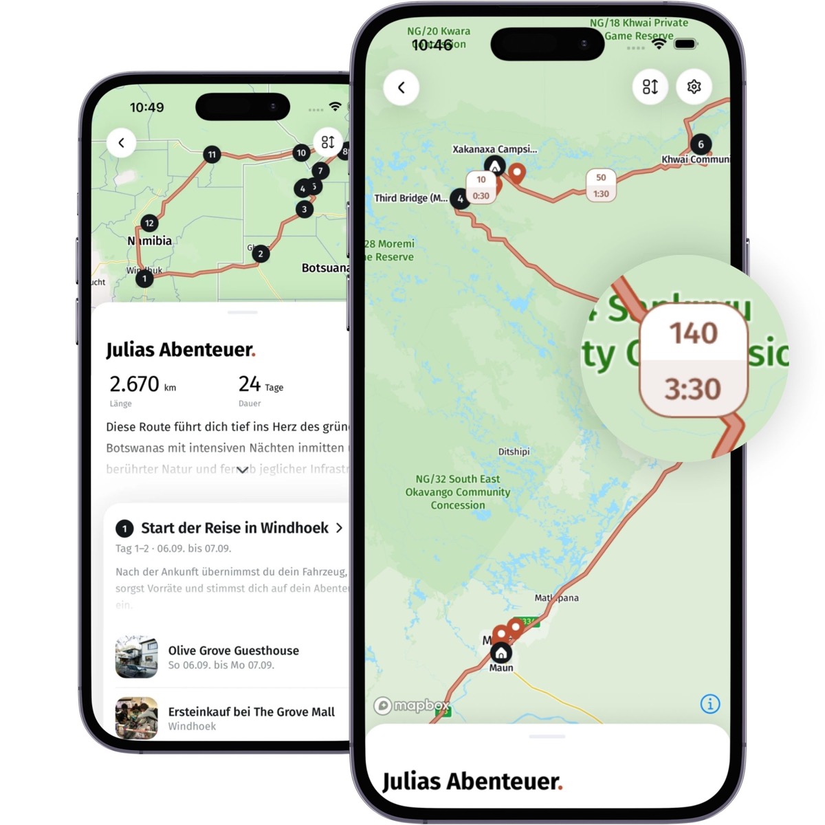 Fahrzeiten einer Etappe in der App